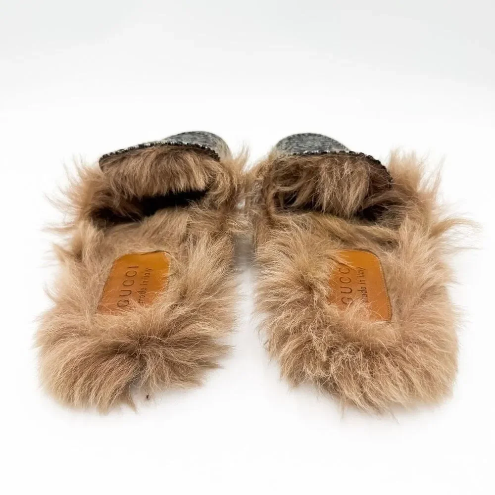 Gucci Princetown Herringbone Fur Mules GG Web Stripe Horsebit Loafers 7.5